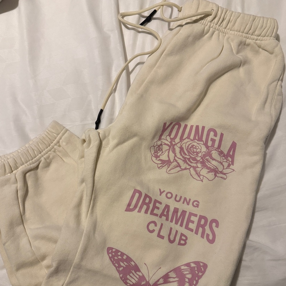 YoungLA Cream Sweatpants with Pink Butterfly Graphics